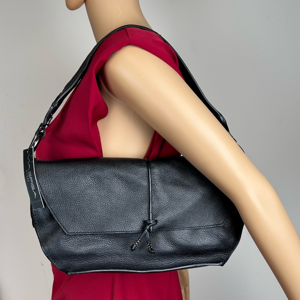 Y2K Via Spiga Shoulder Bag Pebbled Black leather Studded Flap magnetic closure - Picture 11 of 11